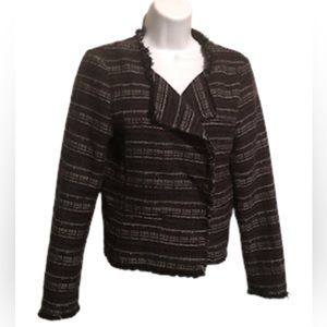 ADRIENNE VITTADINI - Women’s Black Striped Open Front Fringed Hem Blazer Size‎ S